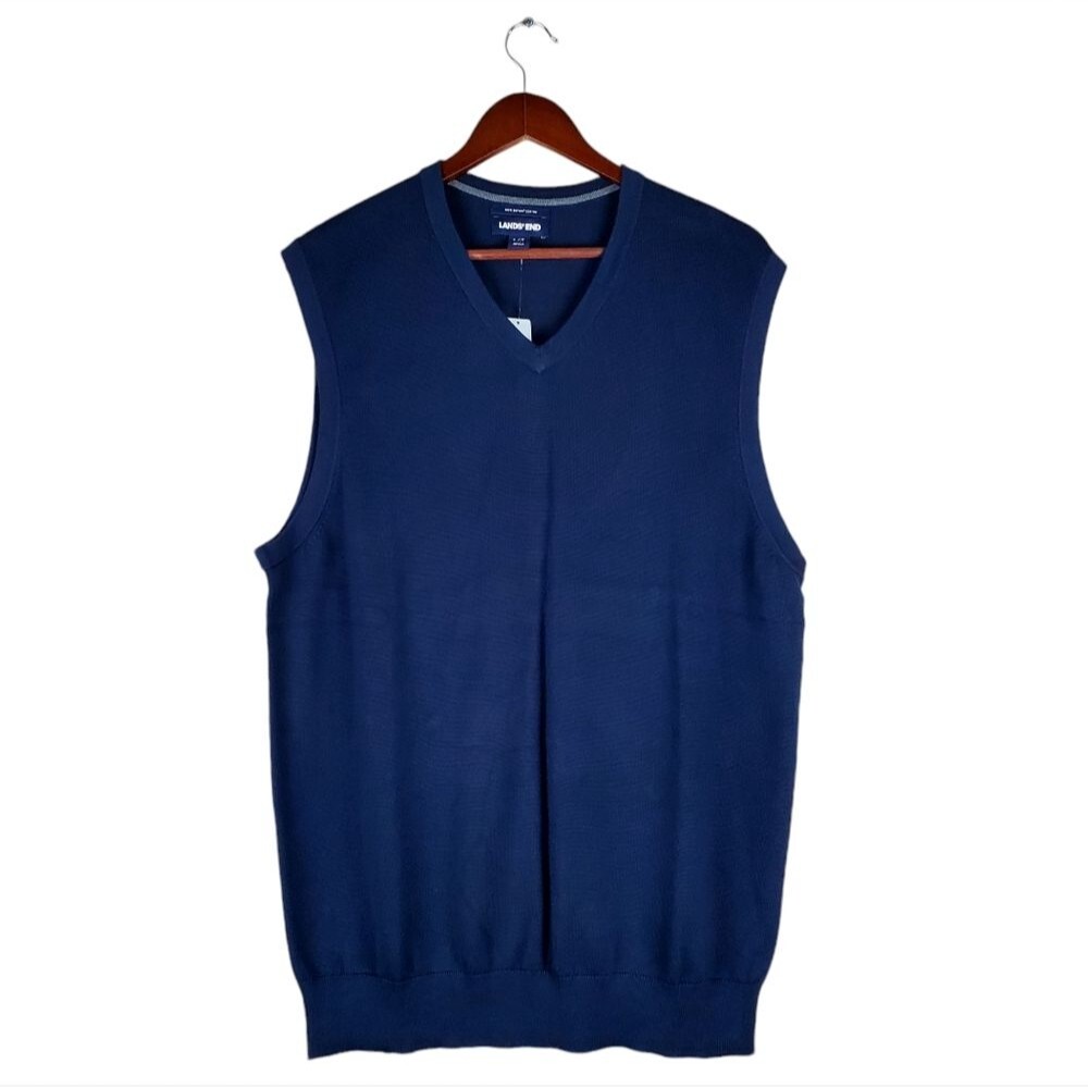 LANDS' END Men’s Navy Supima Cotton Sweater Vest Size L/T